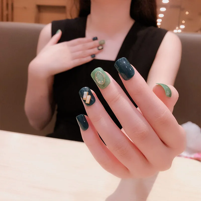 24 шт поддельные ногти с клеем светло-темно-зеленые накладные ногти 3D кулон Декор летняя одежда накладные ногти для девочек DIY