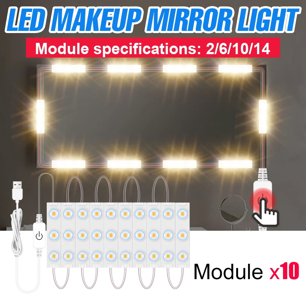 

Makeup Mirror Lamp DC 5V LED Cosmetic Light 2 6 10 14 Modules Kit LED USB Wall Lamps Beauty Vanity Table Mirror Light Hollywood
