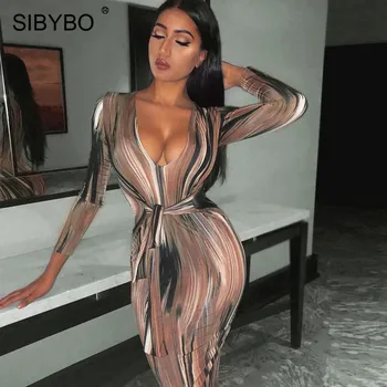 

SIBYBO Spring Tie Dye Print V-Neck Sexy Bodycon Dress Long Sleeve Drawstring Casual Women Dress Autumn Party Dress Long