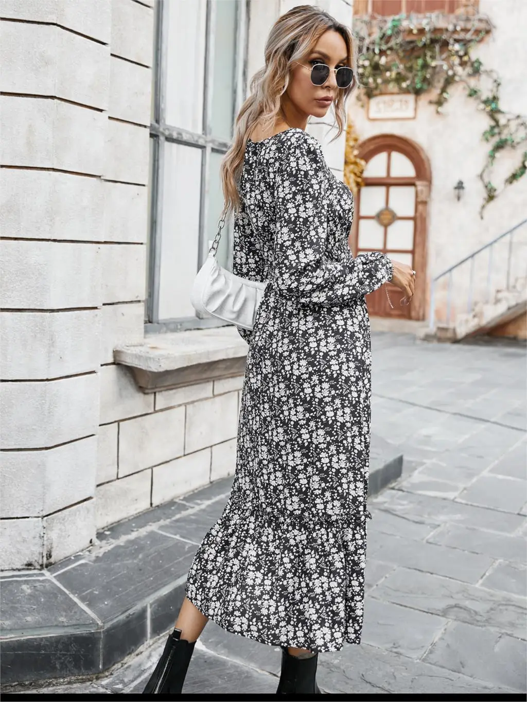 Chifirena Elegant Party Mid-Length Vintage Autumn Dress Women Square Collar Floral Print Ruffles Casual Dresses Minie Vestidos
