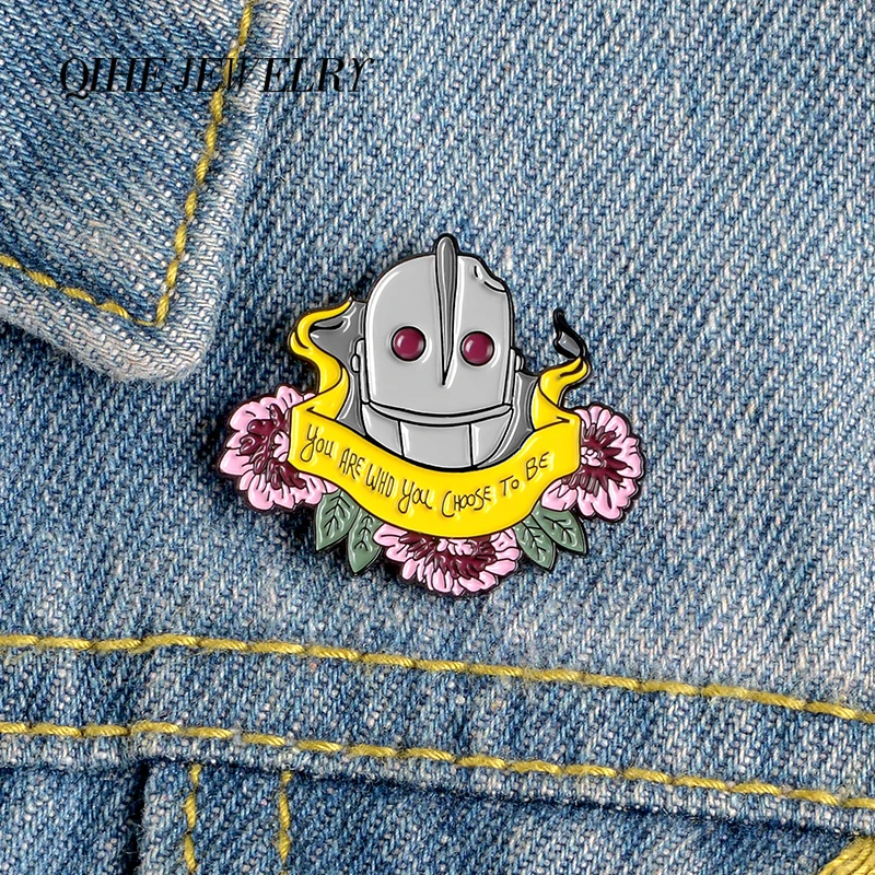 

QIHE JEWELRY Robot with Flower Banner Pins Lapel Enamel pins Cartoon Fashion Brooches Badges Clothes Bags pins Gift for Friends