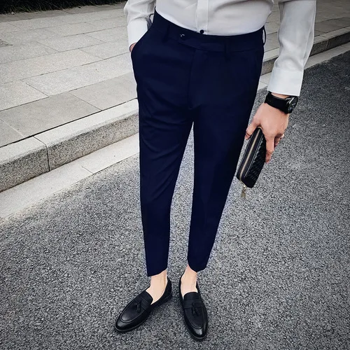 Navy Blue Новые мужские модные однотонные полосы бутик Sina свадебное платье брюки для официального костюма/мужские повседневные деловые брюки 29-35 - Цвет: Navy Blue