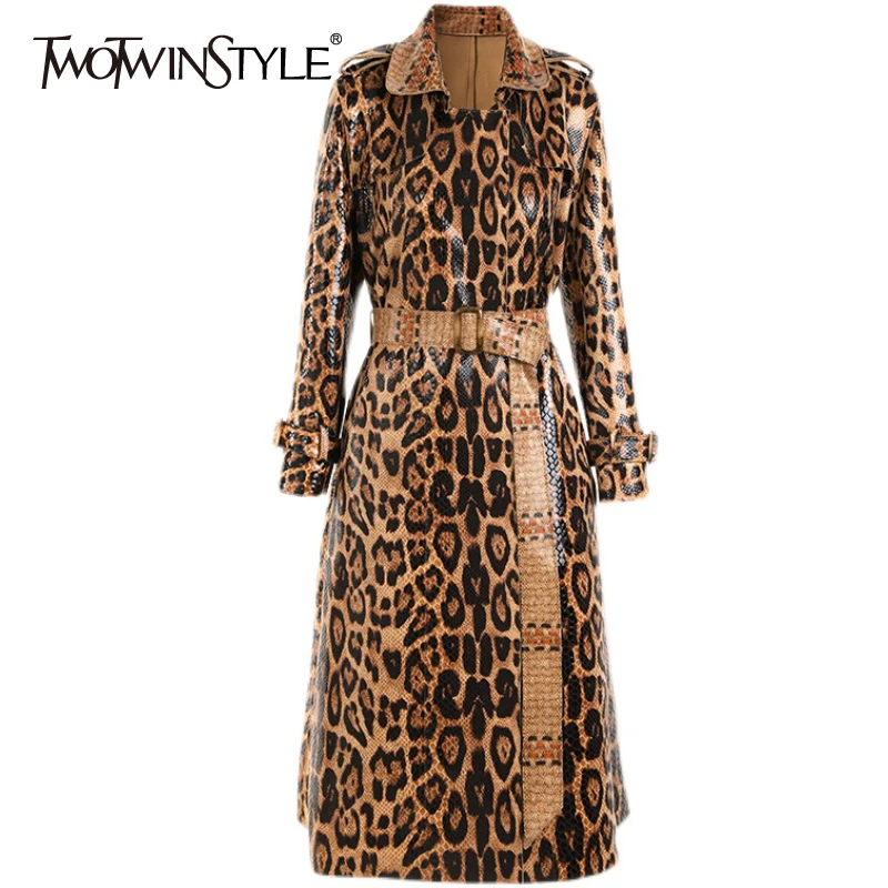 

TWOTWINSTYLE Vintage Leopard Trench For Female Lapel Long Sleeve Gathered Waist Colorblock 2021 Women's Windbreaker Fashion New