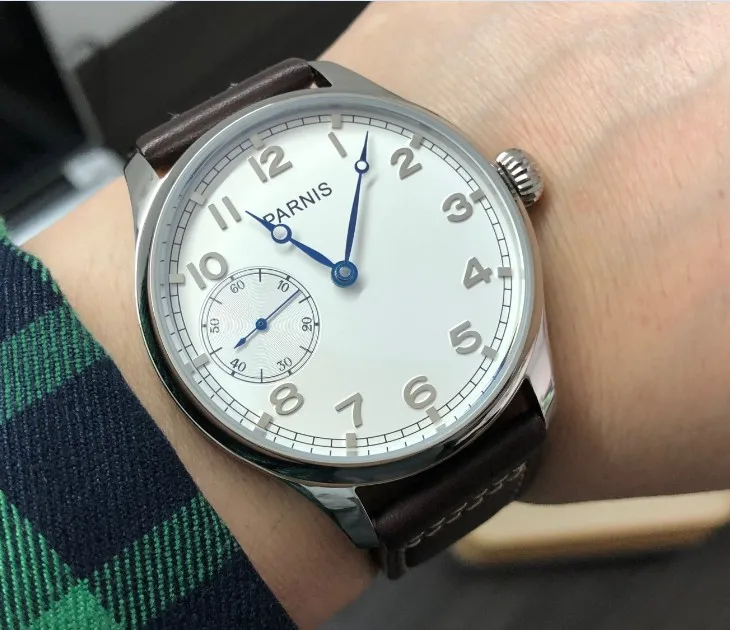

44mm PARNIS white dial blue hands Asian 6497 17 jewels ST3600 Mechanical Hand Wind movement Men's watches pa175-p8