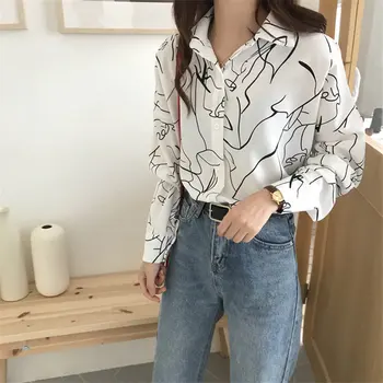 

HziriP Abstract Printing Basic Minimalist Blouses 2020 All Match Leisure Chic Fashion Florals Korean Loose Long Sleeve OL Shirts