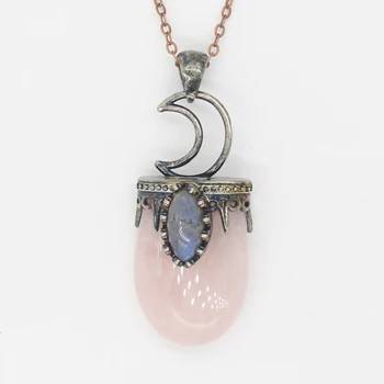 

Trendy-beads Silver Plated Crescent Moon Hexagon Prism Natural Rose Pink Quartz Pendant Oval Labradorite Stone Jewelry
