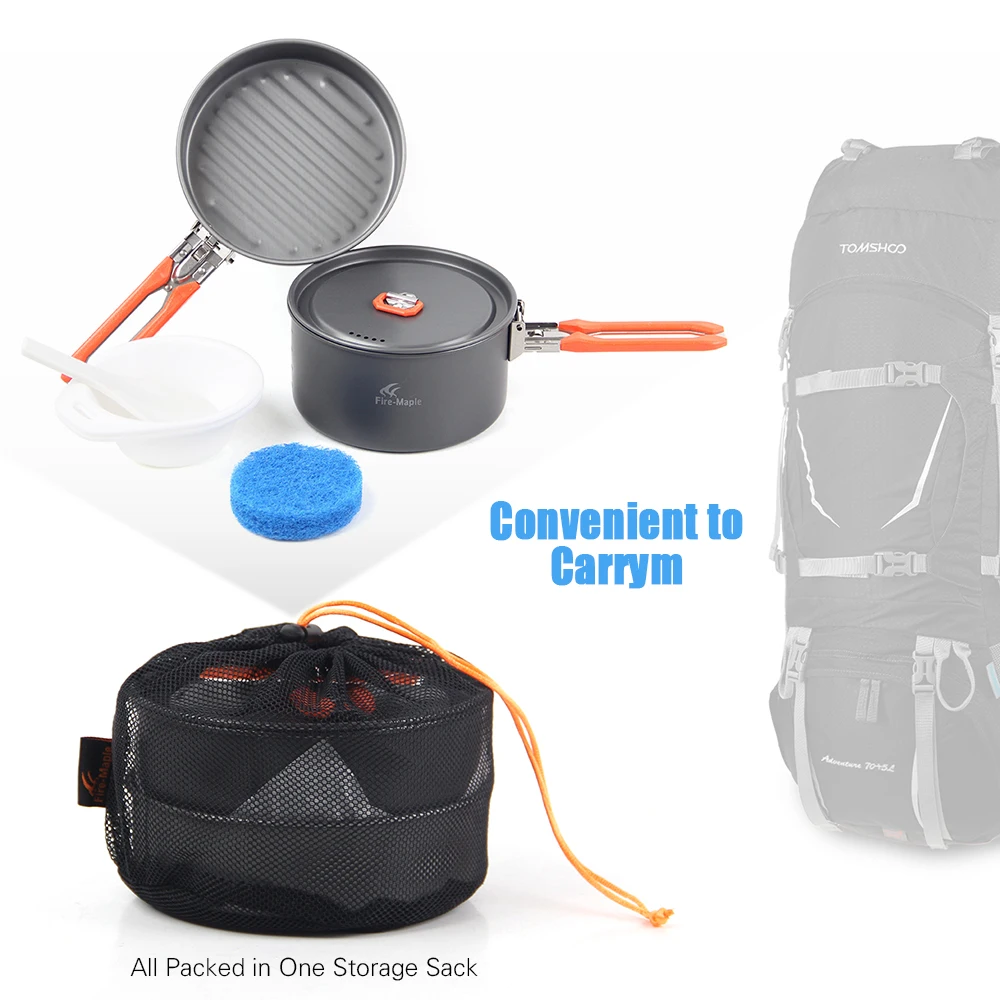 Outdoor Camping 7Pcs Cookware Set Hiking Backpacking Picnic Cooking Pot Frypan Kettle Set with Foldable Handle for 2- 3 People