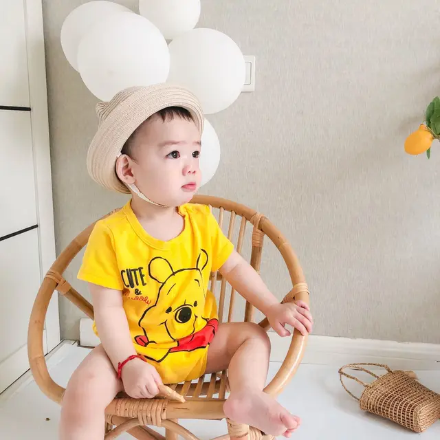 Disney Winnie the Pooh Tigger Mickey Mouse Short-sleeved Triangle Baby Bag Fart Clothing A Cotton Newborn Romper Breathable