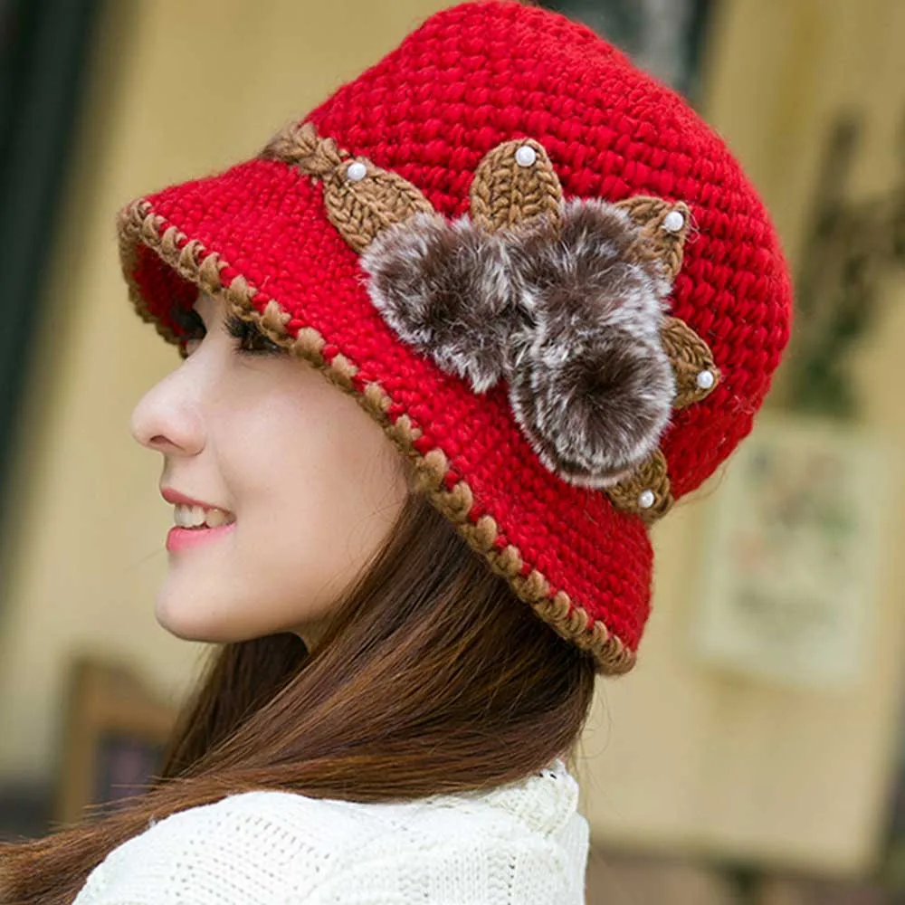 Женские зимние теплые Повседневные шапки женские красивые крючки для вязания шерстью вязаные украшенные цветами шапки с ушками капот Femme Hiver - Цвет: Red