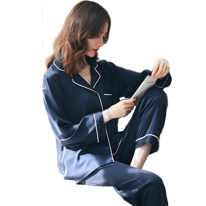 Summer Satin Pajamas Suit for Women Thin Pyjama PJ Set Long Sleeve Sleepwear Nightwear Ice Silk Pijamas Nighties Women