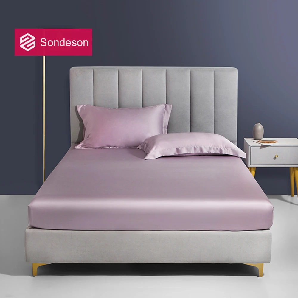 

Sondeson Women 100% Silk Purple Fitted Sheet Pillowcase Queen King Solid Color Bed Sheets With Elastic Band Mattres Protector