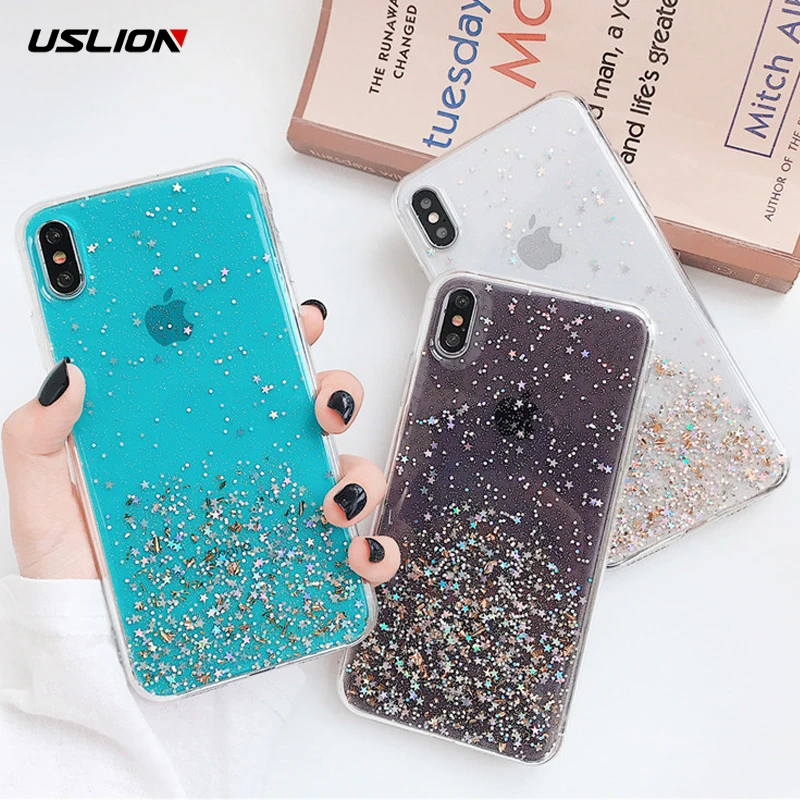 

USLION Glitter Star Mobile Phone Cases Cover For iPhone X XR XS MAX 7 8 7Plus Transparent Shiny Phone Cover Soft Epoxy Back Case
