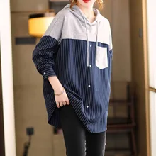 

Autumn New 2021 Fashion Casual Womens Hoodie Hooded Pullover Stripe Splicing Fake Two Long Sleeve Loose Simplicity Tops