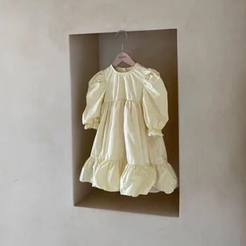 

MILANCEL 2020 Autumn kids clothes linen girls dress puff sleeve dress for girls vintage girl pleated dress