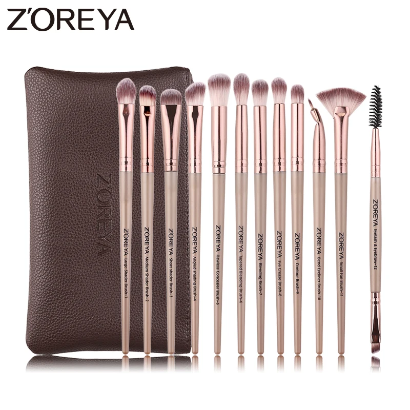 Zoreya 12 pçs pincéis de maquiagem profissional cor preta sombra para os olhos compõem conjunto escova mistura eyeliner sobrancelha pequeno ventilador ferramenta cosmética