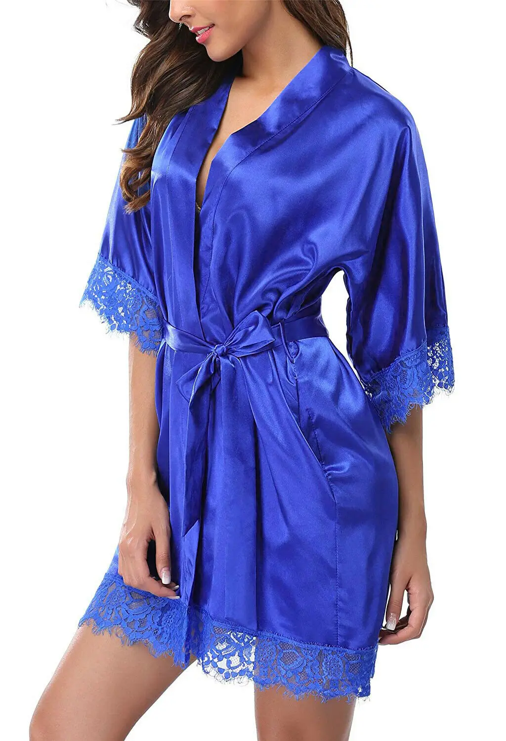 Женский шелковый атлас халат для подружки невесты на свадьбе невесты короткое кимоно халат сексуальный шелковый халат Ночное Прозрачное нижнее белье - Цвет: Royal Blue