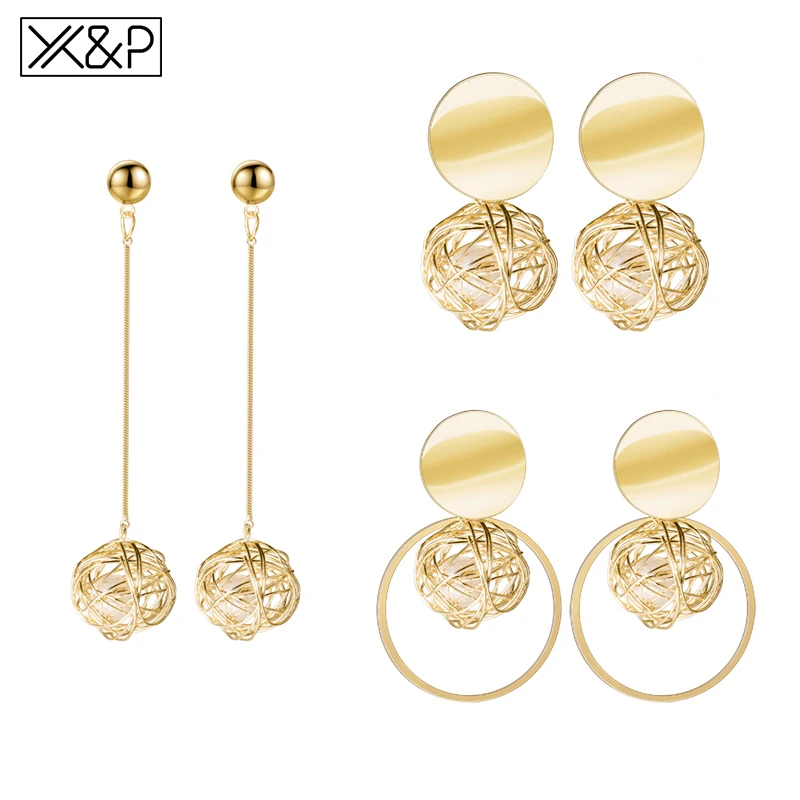 X& P новые винтажные Золотые круглые серьги для женщин, геометрические металлические серьги Sepak Takraw с натуральным жемчугом, висячие серьги в форме капли, модные ювелирные изделия