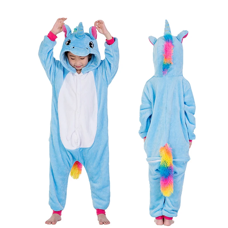 Костюм кигуруми для детей; пижамы с единорогом; комбинезоны с собаками; одежда для сна для мальчиков и девочек; детская пижама; зимний комбинезон - Цвет: Blue Pegasus