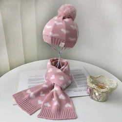 Autumn Winter New Korean Cute Knitted Scarf Hat Set Heart Children Wool Cuffed Hat Pink Girl Gift Warm Bonnet Kid Cap New Beanie
