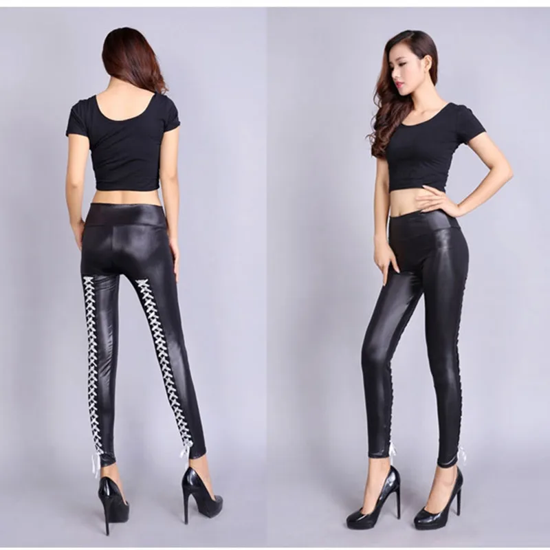 Women Sexy Wetlook Faux Leather Lingerie Exotic Lace up Pants PU leggins Latex Catsuit PVC Clubwear costume Lady fetish trousers