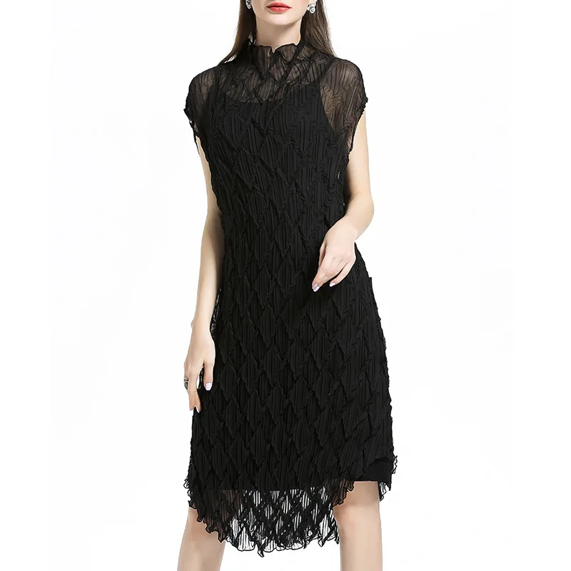 Fashion Solid Color Stand Collar Short-sleeved Plaid Fold Dress Two-piece Casual Fashion Loose Plus Women Tide Autumn New TC921