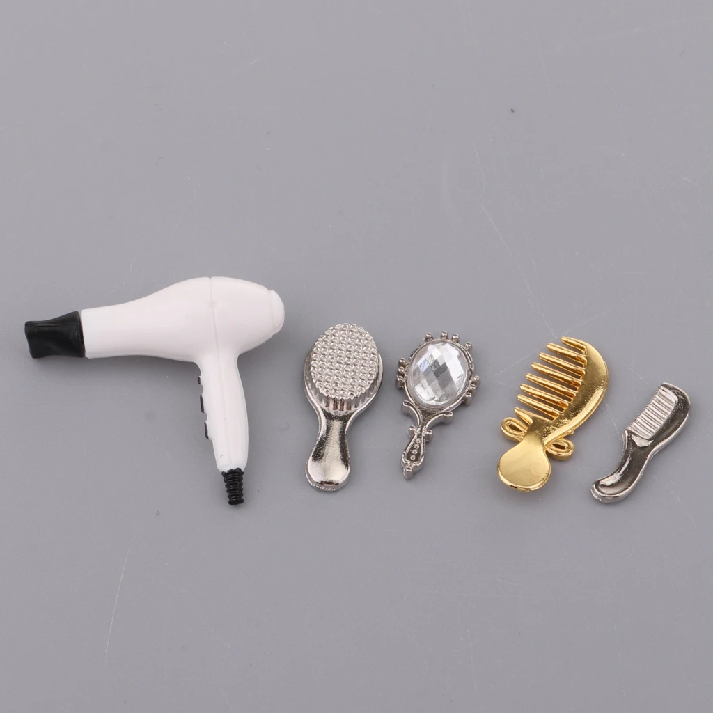 5 Pieces Handmade Doll Hair Care Accessories Comb Mirror Hair Dryer Set for 1/12 Dollhouse