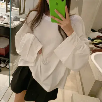 

HziriP 2020 Solid Color Chic Fresh All-Match Tee Hot Casual Cotton Loose Female Pullovers Women Basic Full Sleeves T-shirts