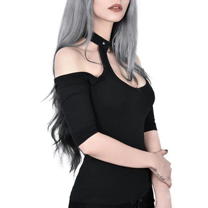Black Dark Goth Woman Sexy T-shirts 2020 Lady Halter Off Shoulder Big Hollow Out Backless Tshirt Gothic Chic Punk Iron Ring Top