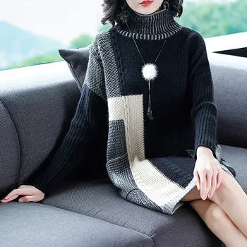 

2019 Autumn Winter New Plaid Pullovers Sweaters Women Elegant Knitted Turtleneck Long Sleeve Sweater Dress Female Knitwear Mujer