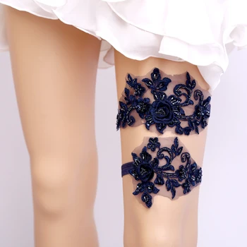 

Navy Wedding Garter set Embroidery Beading Floral Sexy Garters Women/Female/Bride Thigh Ring Bridal Lace Leg Ring Loop
