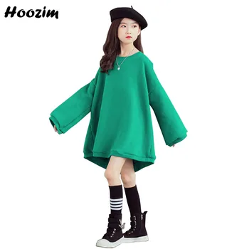 

Spring Green Asymmetrical Hem Long Sleeve Sweatshirts For Girls 4-13 Years Streetwear Minimalist Solid Hoodies For Teens Girls