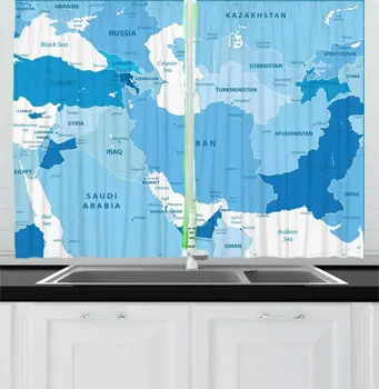 

White Blue Globe Kitchen Curtains Iran Centered Middle East South West Asia Political Map Colored Monochrome for Kitchen Cafe