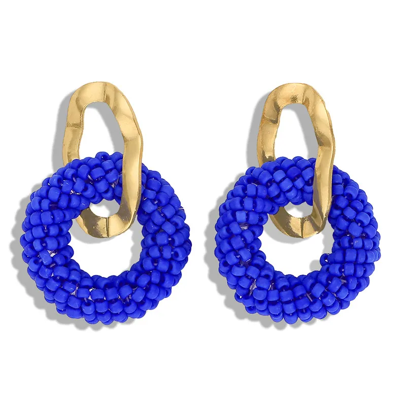 Dvacaman богемные синие серьги-кольца с бусинками для женщин Свадебные ручной работы Тканые круглые полые массивные серьги ювелирных изделий