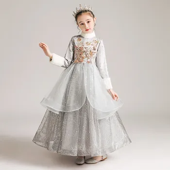 

2020Autumn Winter Thick Warm Children Long sleeves Embroidery Florals Evening Birthday Party Princess Fluffy Long Dress Clothes