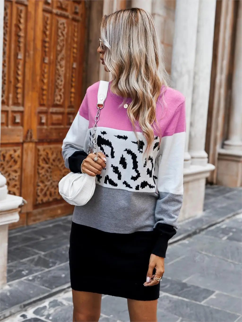 Chifirena Vintage Leopard Patchwork Sweater Dress Women O Neck Long Sleeve Winter Casual Robe Female Elegant Minie Vestidos