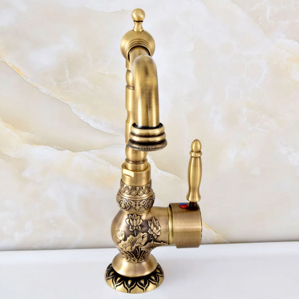 Carved Flower Antique Brass Kitchen Bathroom Sink Faucet Swivel Mixer Tap esf128 