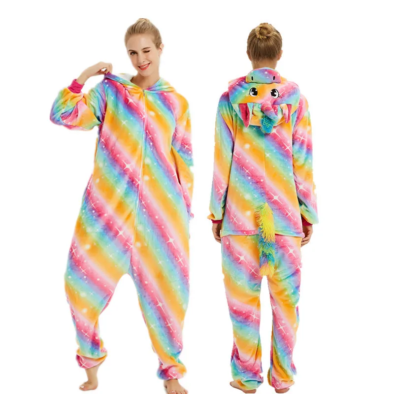 Пижамы кигуруми с единорогом для взрослых, для женщин и мужчин, фланелевые пижамы с милыми животными, пижамы с Пикачу и пандой, домашняя одежда - Цвет: Colorful gold Tianma