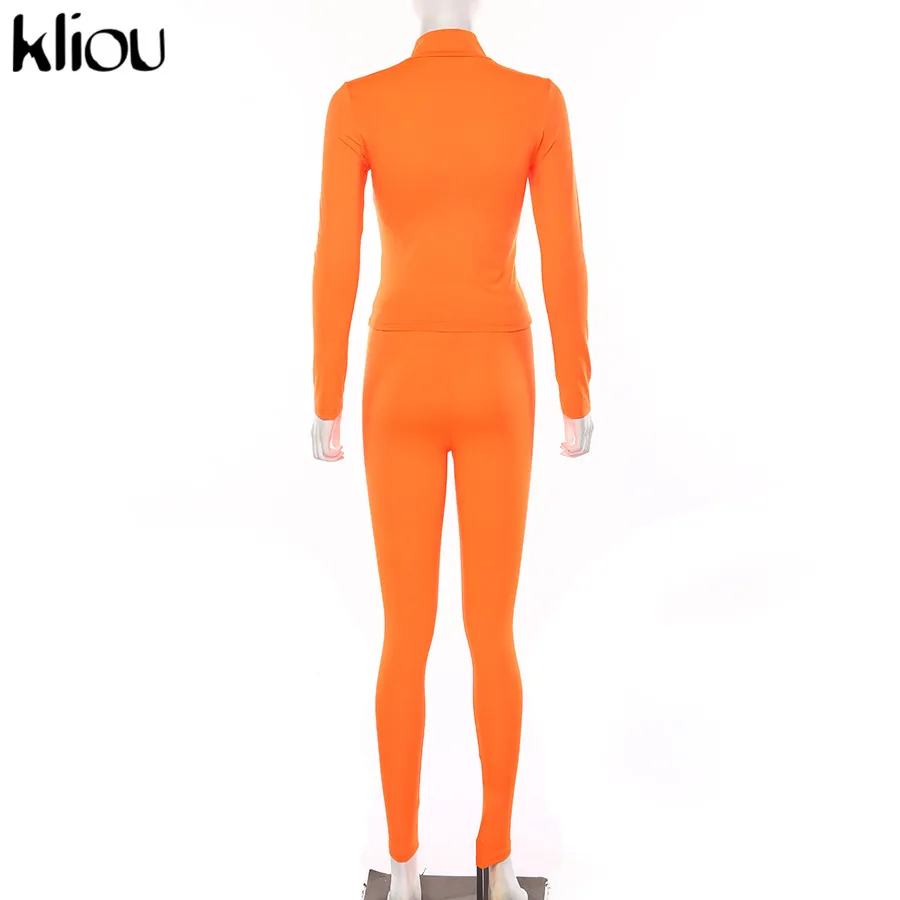Kliou неоновый розовый оранжевый комплект из двух предметов Женская Спортивная одежда для фитнеса осенние обтягивающие Топы с длинным рукавом эластичные леггинсы спортивный костюм
