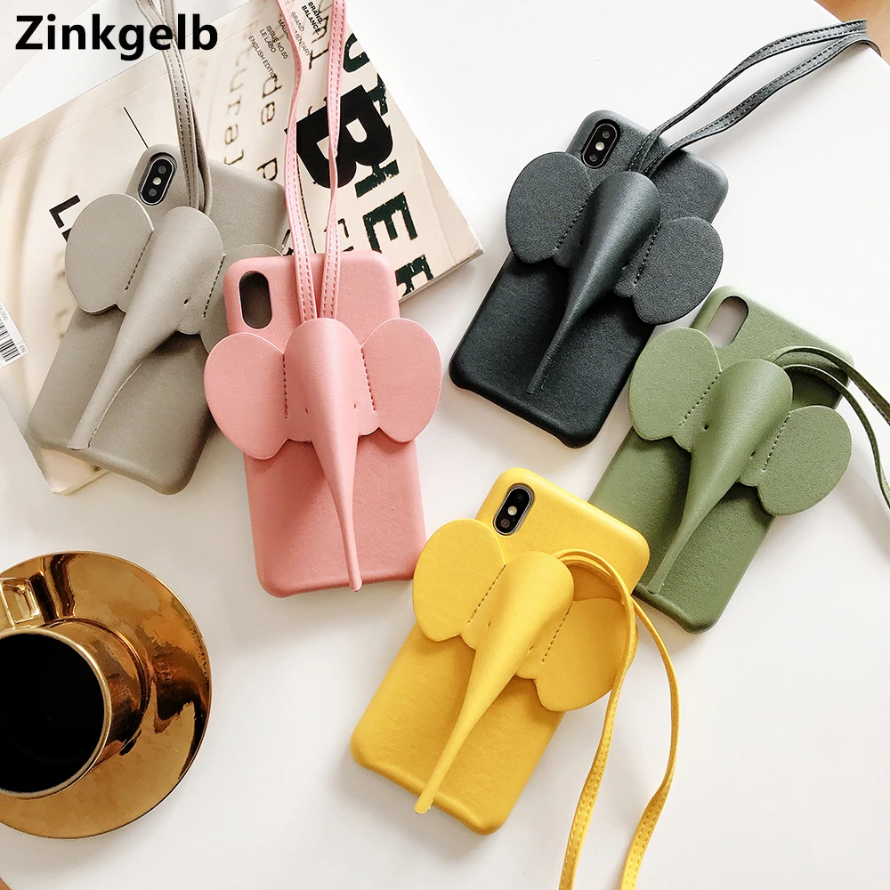 

for iPhone 11 Pro XS Max XR X 8 7 Plus Case Cover Luxury Cute 3D PU Leather Elephant Protective Girl Strap Back Cover Phone Case