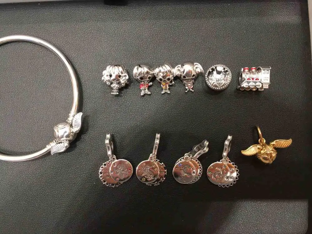 Günstig 925 silber Schule von Hexerei und Zauberei Zug Haus Elf Perle Momente Goldenen Schnatz Verschluss Armreif Drache schlange adler Anhänger