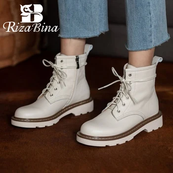 

RIZABINA Real Leather Women Ankle Boots Lace Up Flats Round Toe Shoes Winter Warm Boots Fashion Women Footwear Size 34-40