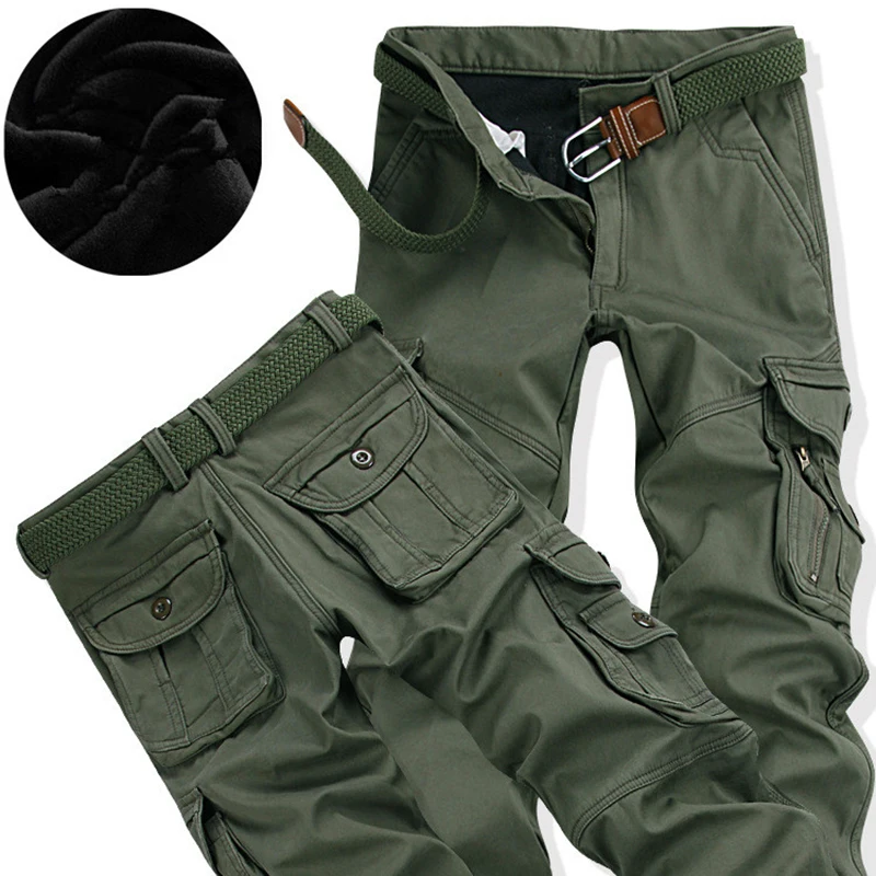 Мужские Зимние флисовые брюки карго, свободные, с несколькими карманами, мужские, двухслойные, плотные, теплые, военные, мешковатые, брюки для бега, плюс размер 40 - Цвет: 016 Army green