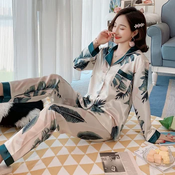 

New Spring Pyjamas Women Banana leaf Pijamas Set Silk Sleepwear Pajamas for women Pijama Feminino pyjamas pijama pyjamas Pj