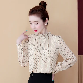 

COIGARSAM Polka Dot blouse women New Spring Full Sleeve Chiffon Loose blusas womens tops and blouses Beige Green 9315