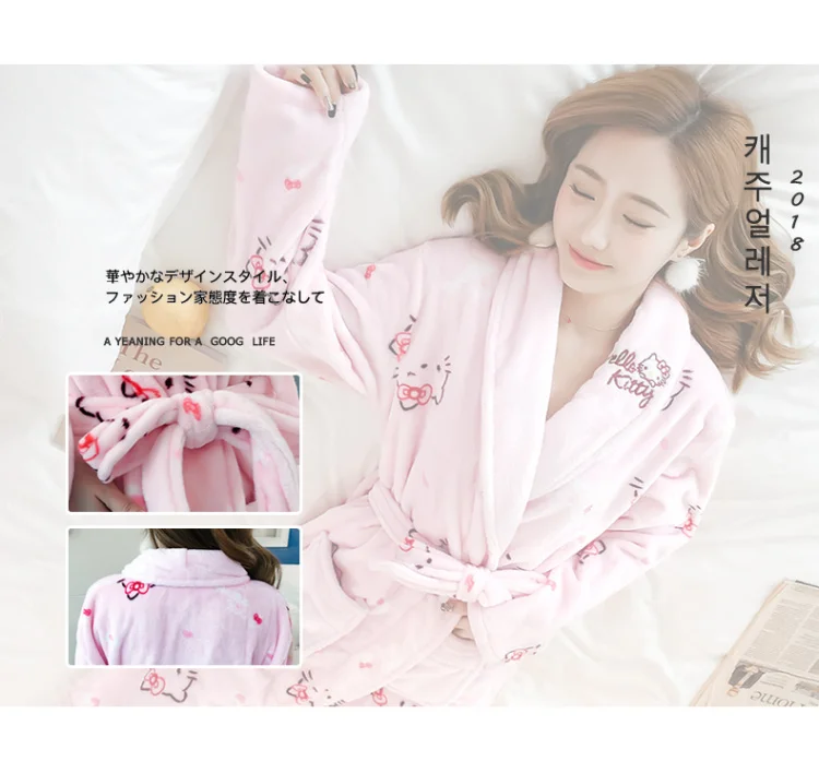 Женская фланелевая ночная рубашка «хеллоо Китти» с длинным рукавом, банный халат, штаны, зимняя Милая Пижама с рисунком, Женская домашняя одежда, комплект одежды для сна