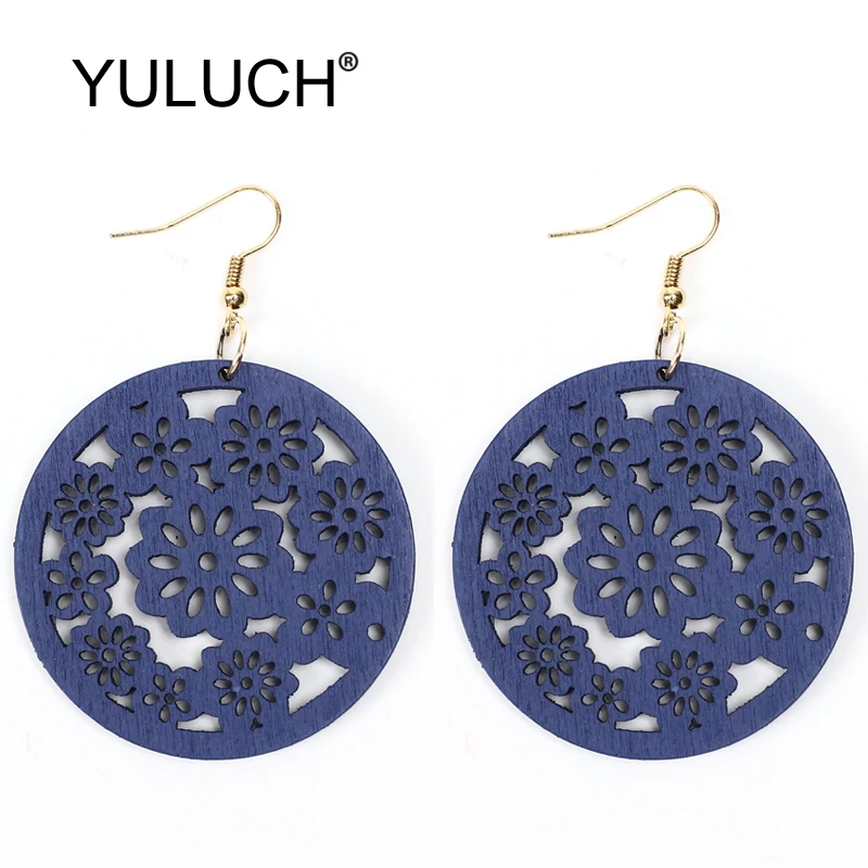 YULUCH трендовые деревянные серьги для женщин 11 цветов круглые полые с цветочным