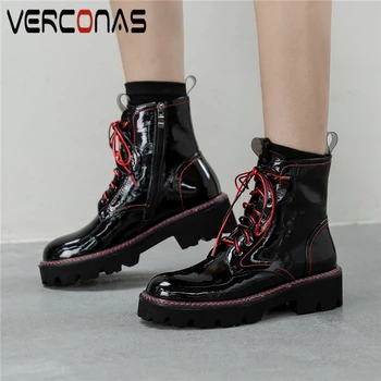 

VERCONAS Fashion Casual Women Ankle Boots Genuine Leather Platforms Shoes Woman Autumn Winter Lace-Up Side Zipper Martin Boots