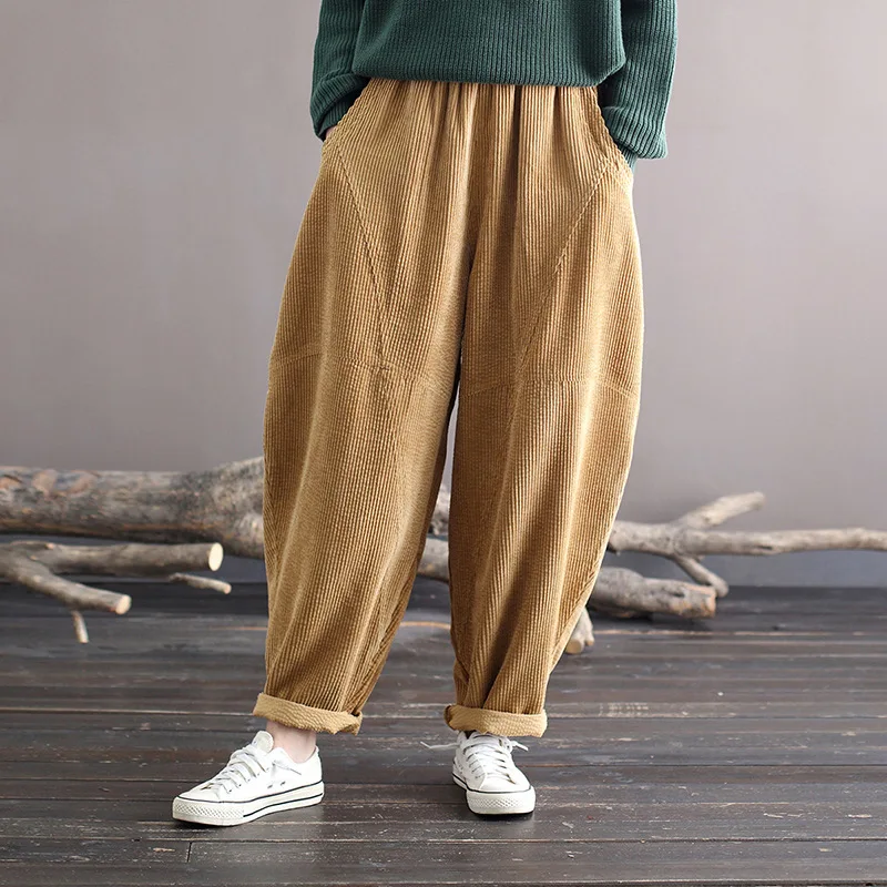 Johnature Women Winter Warm Linen Pants Elastic Waist Loose Pockets Trouser  2023 New Solid Color Patchwork Vintage Long Pants