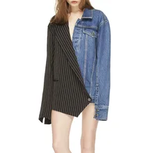 Дамы неправильной резки полосой саржа и хлопка пальто оверсайз Женская мода punky уличный стиль джинсовая куртка Блейзер платье