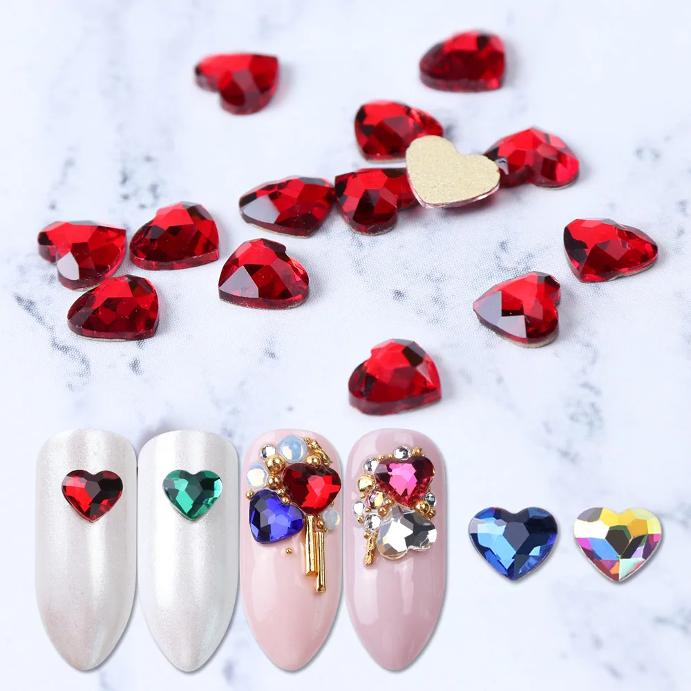 

10pcs Flatback Colorful Heart Nail Rhinestones For Nails Art Decorations Crystal Glass Stone Manicure 3D Shiny Strass Gem JI991